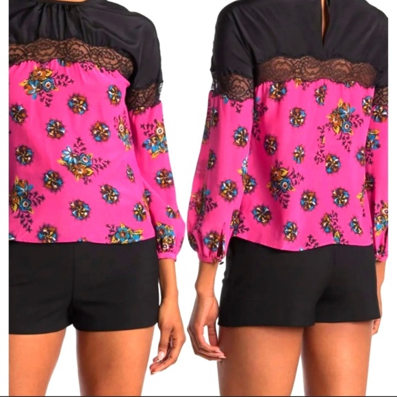 Red Valentino silk print lace trim blouse with back button worn once - Picture 2 of 8